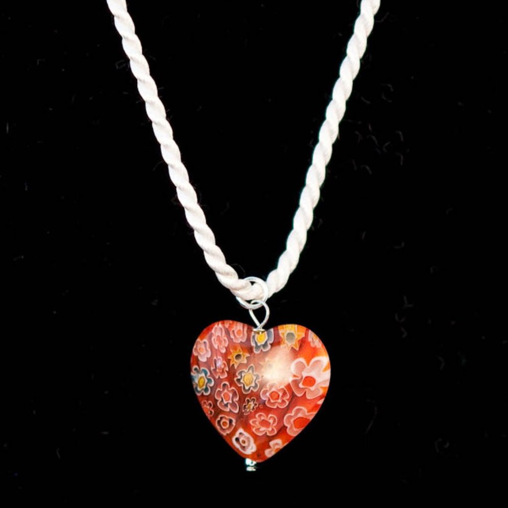 Glass Heart Necklace on White Silk cord